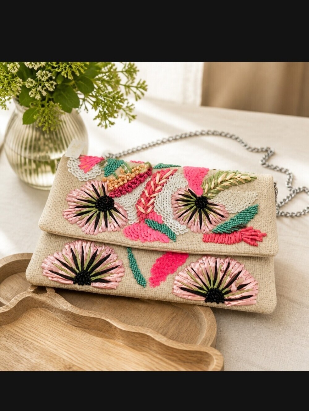 NWT Boho Neon Ebroidered Woven Beige Floral Beaded Clutch Crossbody Chain Strap